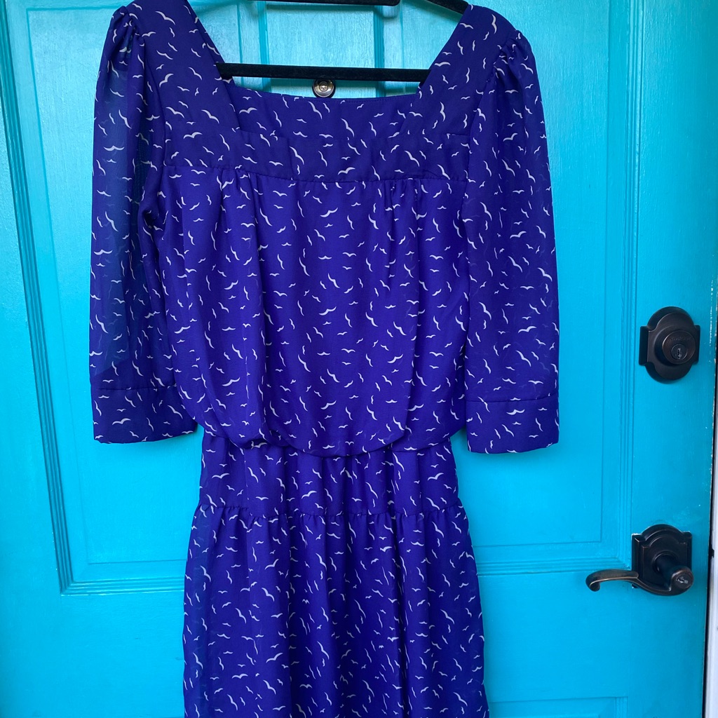 Beautiful Blue Dress With White Bird Print And Sheer Sleeves Size S